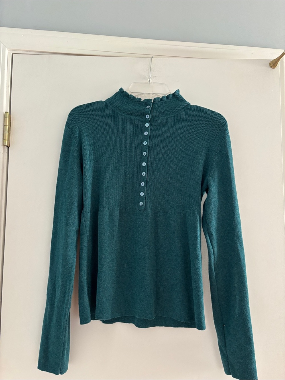Ruffled Tape Measure Henley Knit Top - Teal Large